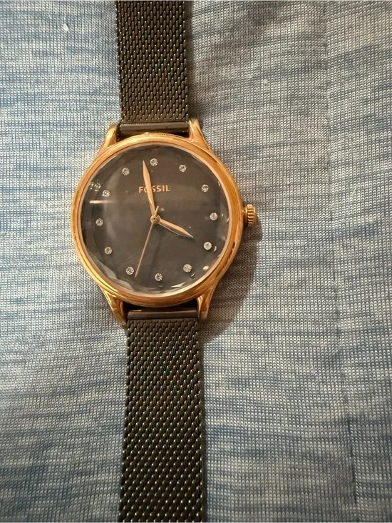 Fossil Gold-Tone Case Black Dial Mesh Strap Watch