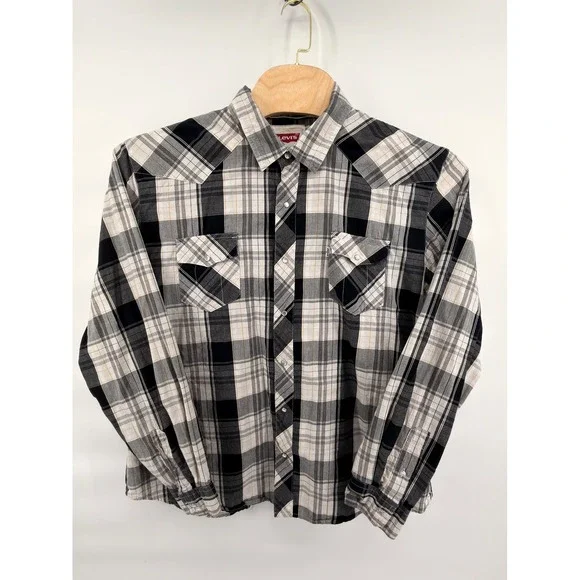 Levi's Men XXL Plaid Western‎ Pearl Snap Shirt Black White Yellow Cotton Regular