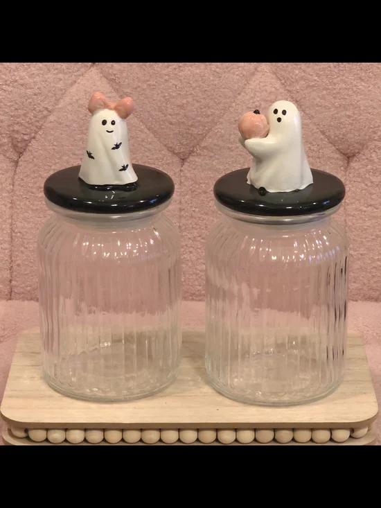 Whimsical Ghost Ceramic Lid Glass Jar Set in Pink and Black
