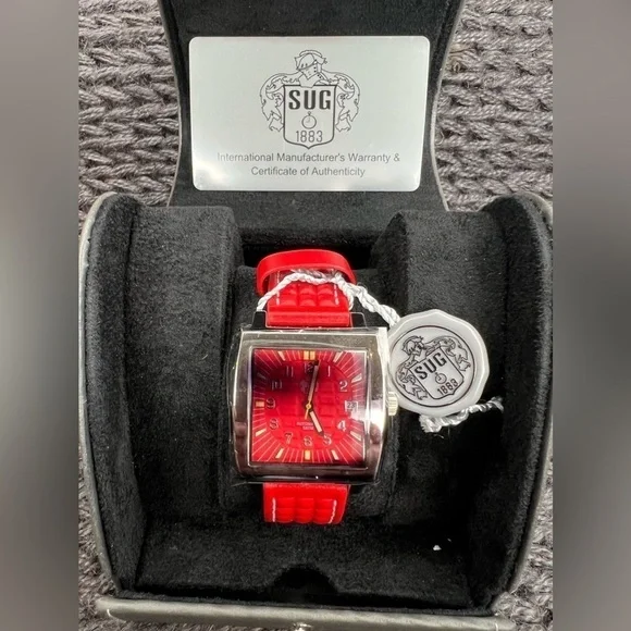 T006. SUG Red Automatic Mens Watch, Leather Strap. Pristine Condition
