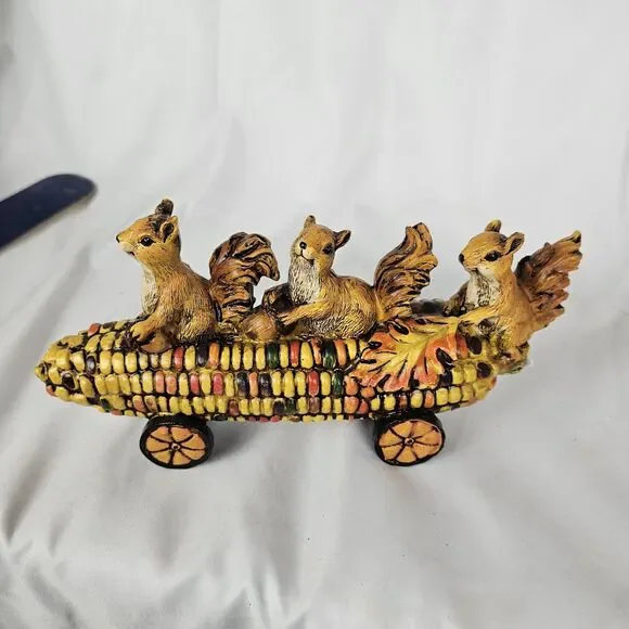 Squirrels Riding Corn Cob Fall Harvest Figurine Autumn Thanksgiving Decor 7”
