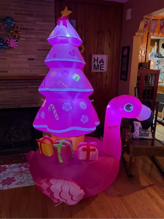 7Ft Tall Inflatable Pink Flamingo with Pink Christmas Tree New In Box