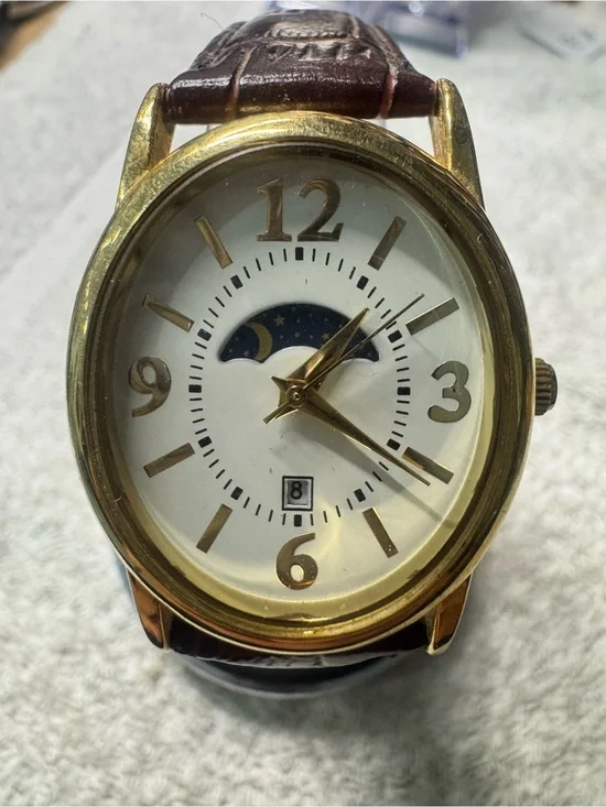 Classic Moonphase Gold-Tone Men’s Watch with Brown Leather Strap