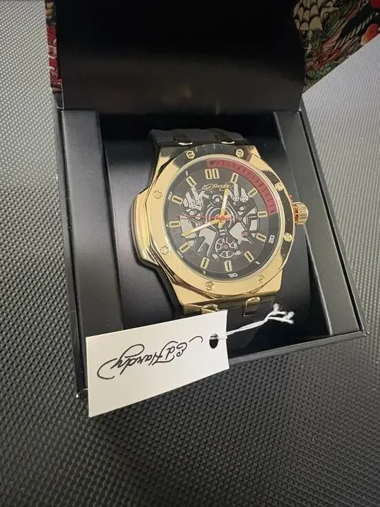 Ed Hardy York Men's Quartz Analog Watch Gold Tone Case Black Rubber Strap w/ Box