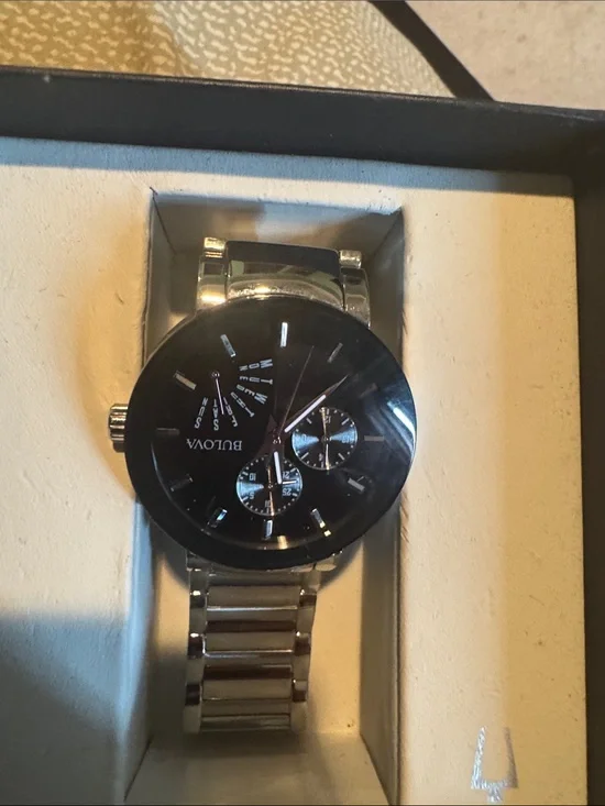 Bulova Silver Bracelet Watch with Black Dial Chronographs