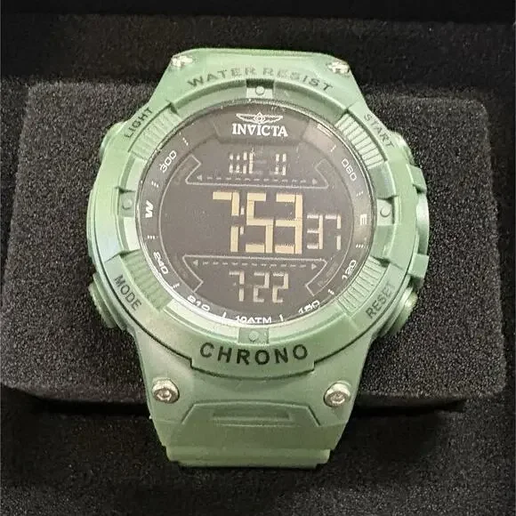 Invicta Chrono Digital Quartz Watch Green Resin Strap 100m Water Resist Box