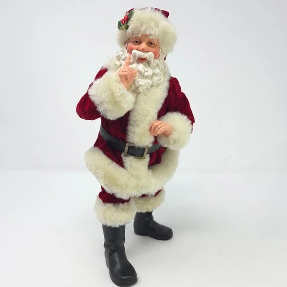 Vintage‎ Style Shushing Santa Claus Figurine Red Velvet Suit Faux Fur 11.5