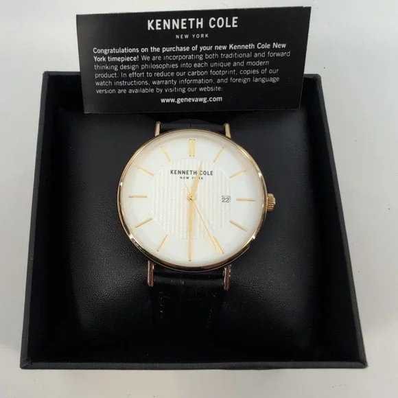 Kenneth Cole Watch Mens 40mm Gold Tone White‎ Dial Date Black Leather Strap READ