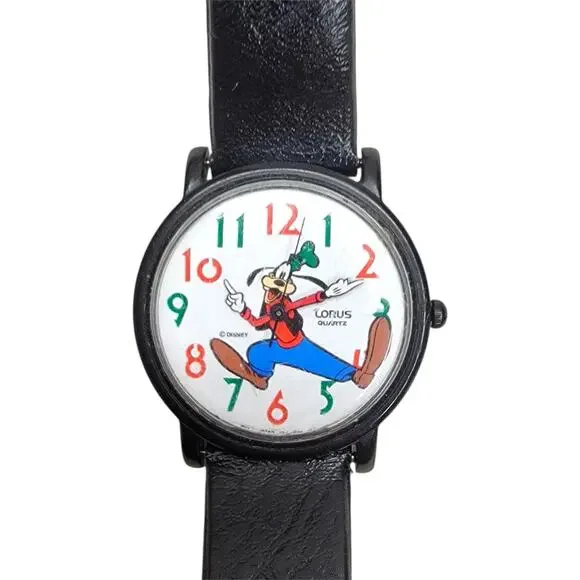 Vintage Lorus Disney Goofy Backwards Reverse Dial Analog Watch Black Running