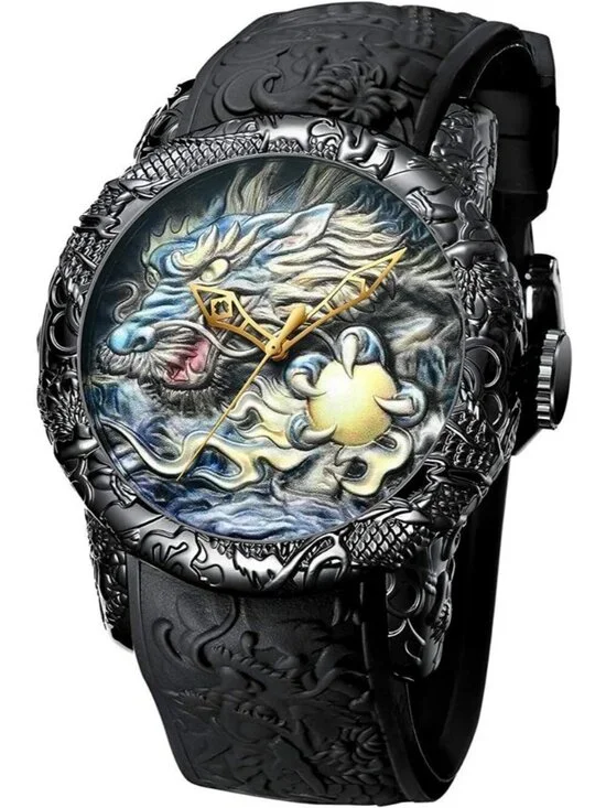 Mens Black Fashion Analog Quartz Big Dial 3D Sculpture Dragon Luxury Wrist Watch