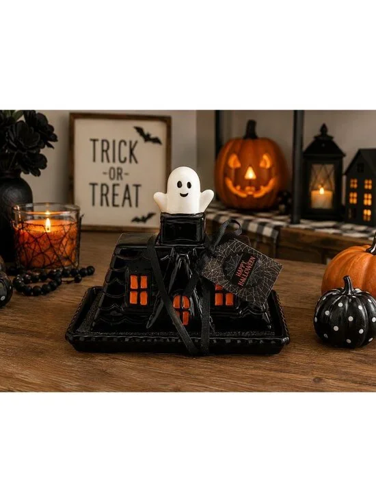Halloween Haunted House Ghost Ceramic Butter Dish Black Orange Hand Painted NWT