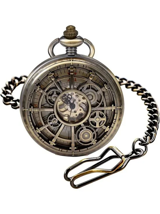 Men's Brown Vintage Style Hollow-Out Round Gear Arabic Mechanical Pocket Watch