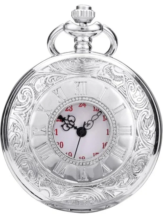 Men's Silver Quartz Engraved Wave Pattern Arabic Numerals Chain Pocket Watch