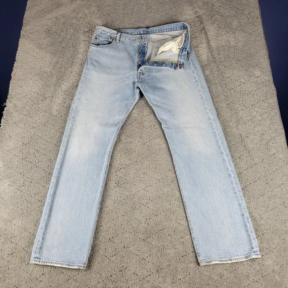 Levis 501 Jeans Mens 36x30 Blue Button Fly Straight Leg Light Wash Stretch Denim