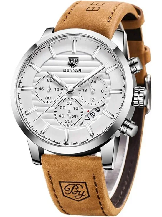 Men's Brown Silver White Analog Quartz Chronograph Waterproof Fashion Wristwatch