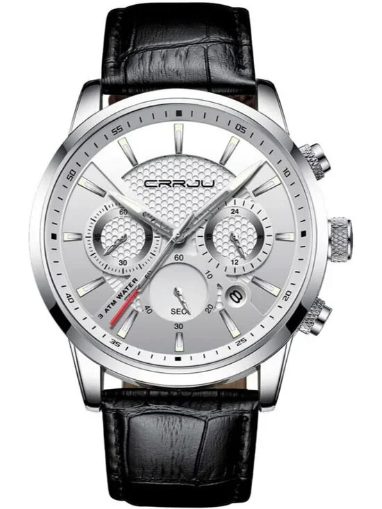 Men's Black White Chronograph Leather Strap Quartz Waterproof Wrist Watch