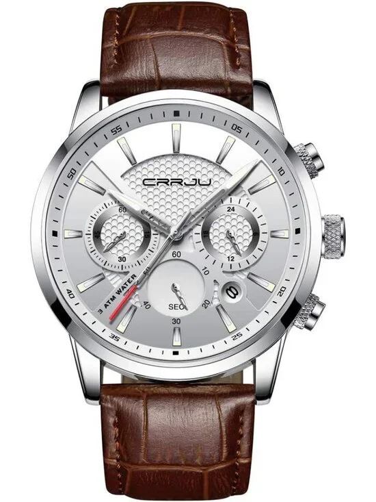 Men's Silver White Chronograph Leather Strap Quartz Waterproof Wrist Watch