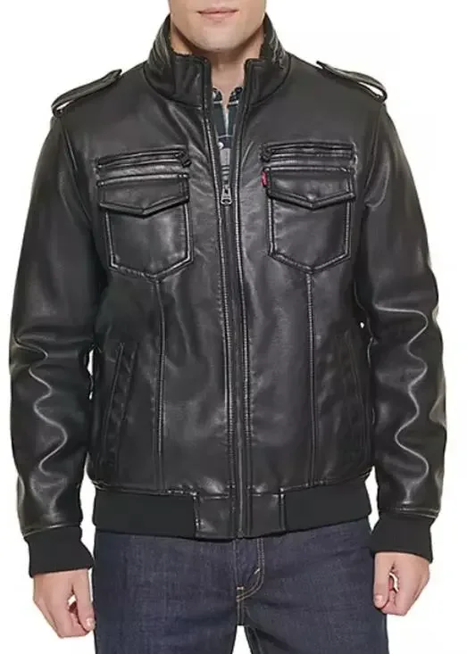 Levi's Faux Leather Aviator Bomber Jacket Faux Fur Water Resistant Black M NWT