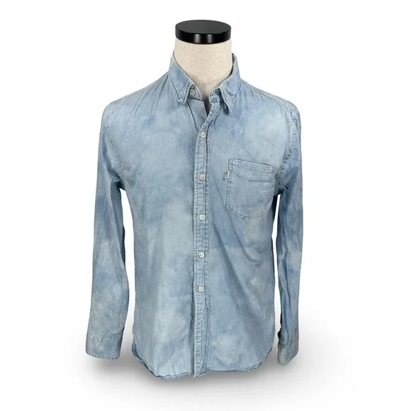 Levis‎ Mens Acid Wash Denim Button Down Shirt Light Blue Cloud Sky Wash Medium