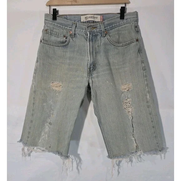 Y2K Levis 550 Cut Off Bermuda Jort Shorts 32 X 13 Light Wash Distressed Relaxed