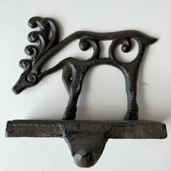 Vintage Cast Iron‎ Reindeer Stocking Hanger Scroll Filigree Rustic