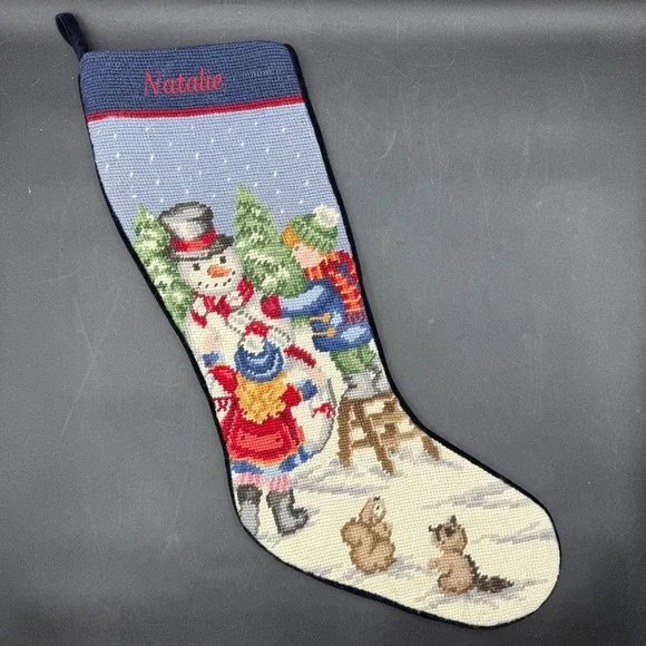 Lands‎ End Christmas Stocking NATALIE Snowman Needlepoint Natalie Kids Animals