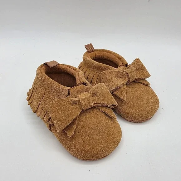 Baby Gap Brown‎ Faux Suede Fringe Bow Moccasin Soft Sole Shoes Baby Girls 2