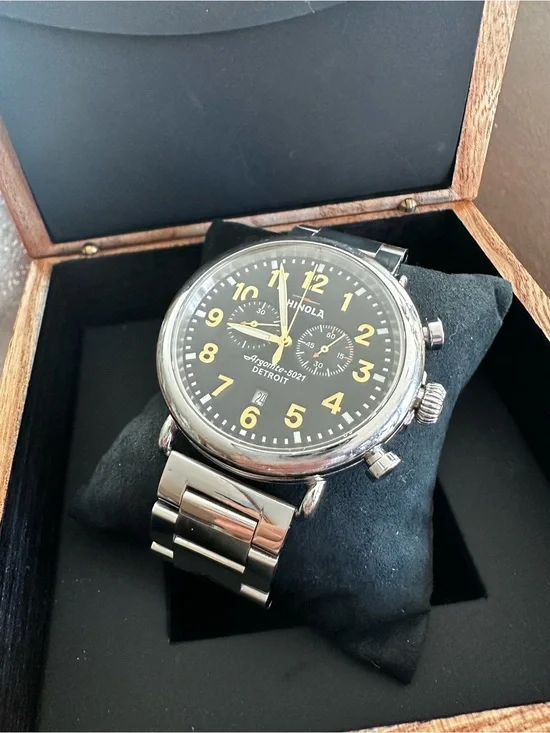 Shinola Runwell for Neiman Marcus Black Chronograph with Yellow Numerals