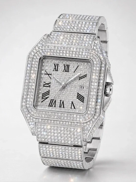 Iced Out Bust Down Watch VVS Simulated Diamond Stainless Steel Roman Numeral