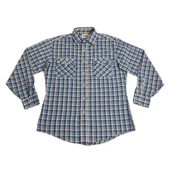 Vintage 90s Levis Shirt Mens Medium Plaid Button Up Flap Pocket Blue Workwear