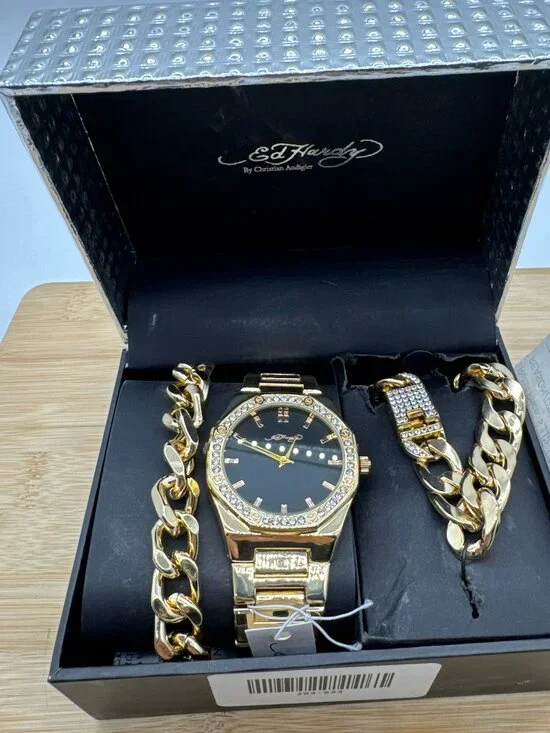 Ed Hardy Gold Watch Bracelet & Cuban Link Chain Rhinestone Gift Set