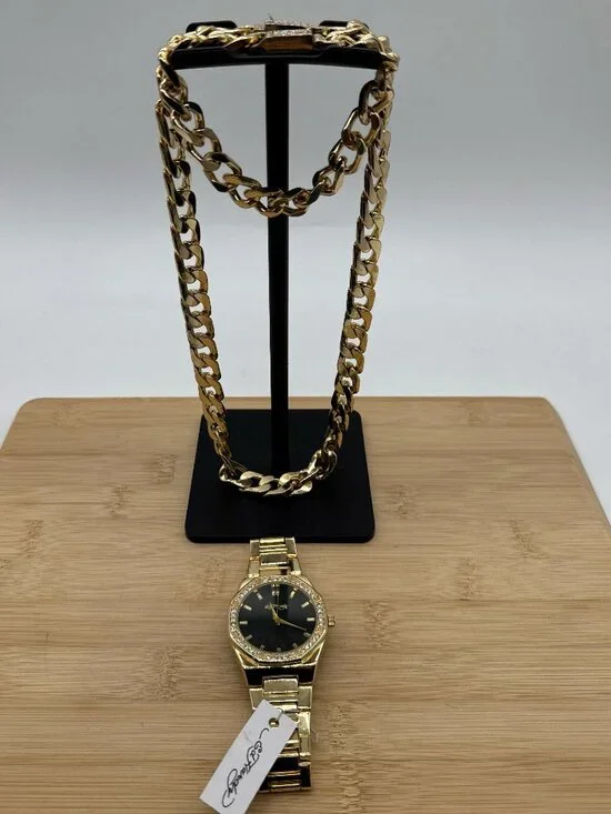 Ed Hardy Gold Watch Bracelet & Cuban Link Chain Rhinestone Gift Set (1)