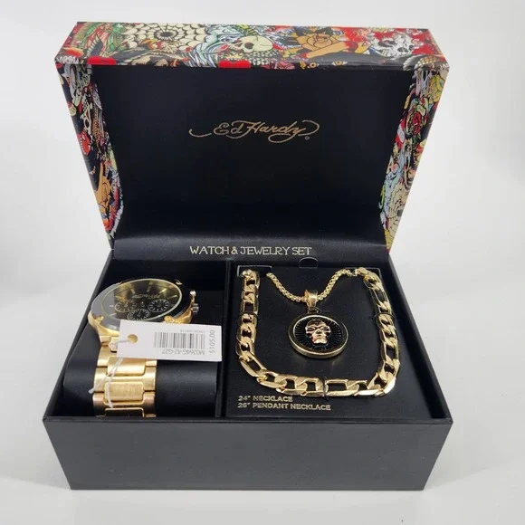 Ed Hardy Mens Gold Tone‎ Watch and Jewelry Set Skull Pendant M0264G-42-G27 NEW