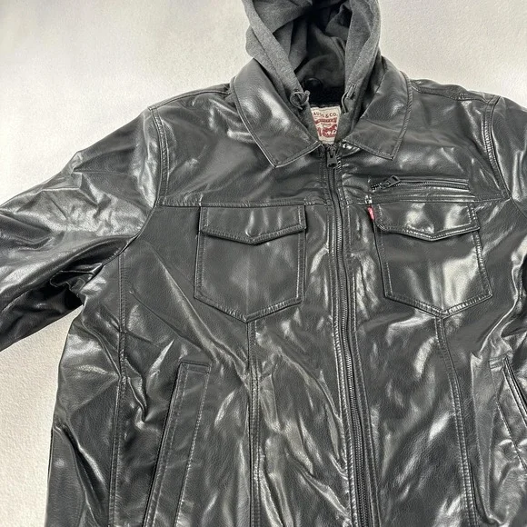Levi's Jacket Mens 2XL Black Faux Leather Hooded Sherpa Lined Full Zip Moto