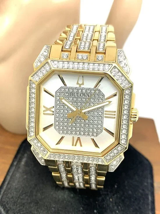 Bulova Men's Watch 98A295 Octava Quartz Crystal Pave Gold Stainless Steel 40mm