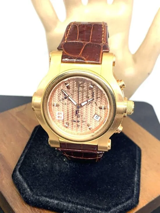 Renato Men's Watch Swiss Quartz Chronograph Rose Gold Steel Brown Leather 45mm
