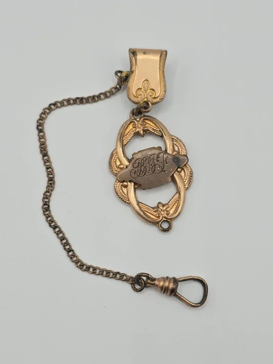 Antique J.M. Fisher Watch Chain Vest Clip Fob Holder Gilt Metal Monogram