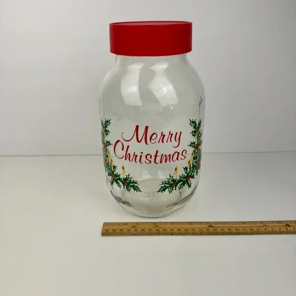 Vtg Large Carlton Glass Clear Merry Christmas Holiday 3 Liter Jar Red Screw‎ Lid