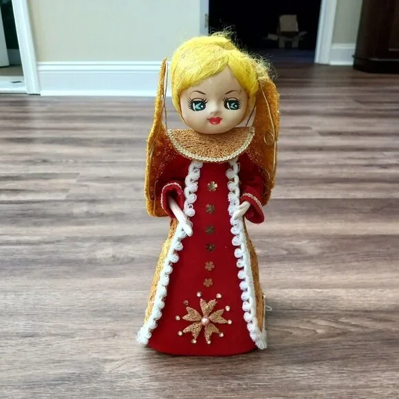 Vintage‎ Angel Tree Topper Red Felt Cardboard Body Blonde Hair 12