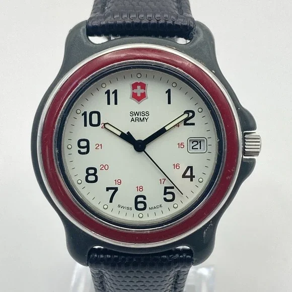 Vintage Swiss Army Men's Watch 38mm Red Bezel Date Black Leather New Battery
