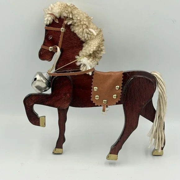 Wooden Horse ‎ Decor With Bell Saddle Yarn Mane 10