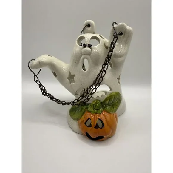 Vintage Ceramic Halloween Ghost Candle Holder Hanging Lantern Chain Pumpkins Set