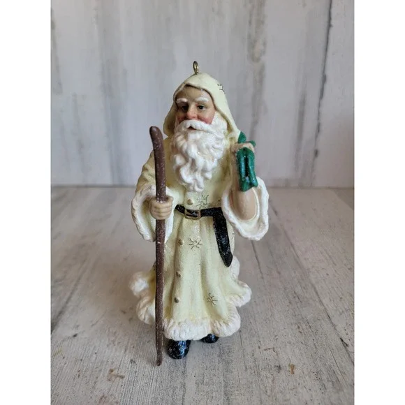 Santa‎ Claus white robe folk art rustic ornament Xmas glitter
