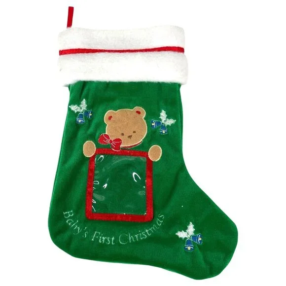 Babys‎ First Christmas Stocking Green Sock With Bear Applique & Photo Holder 10”