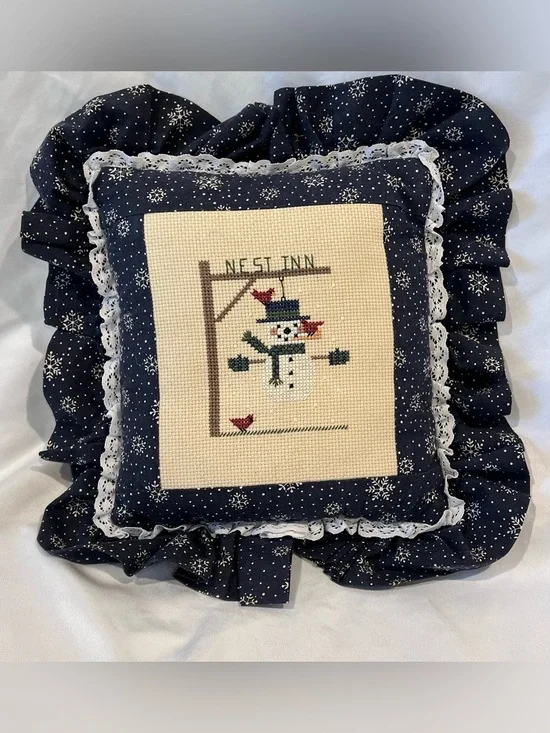 Handmade Christmas Snowman Cross Stitch Pillow Country Primitive Decor