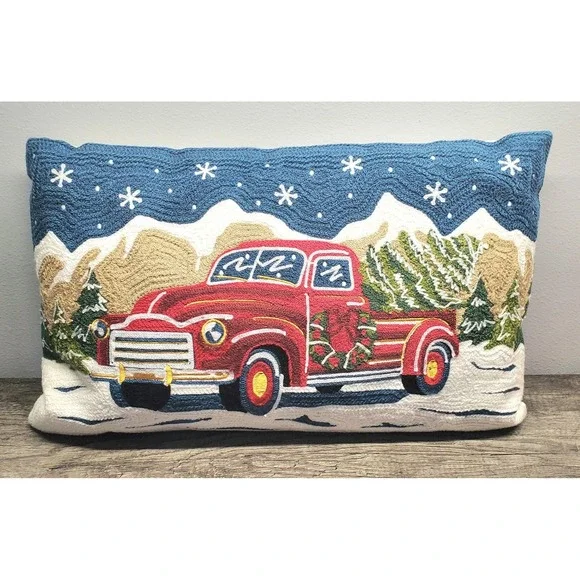 Living Quarters Red Truck Christmas Pillow Embroidered 12x21 Farmhouse Decor EUC