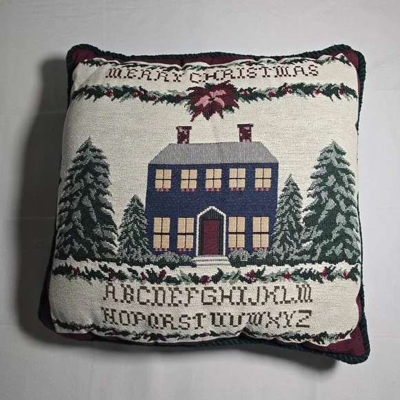 Vintage Christmas Folk art Tapestry Pillow Colonial House Alphabet Woven 15x15