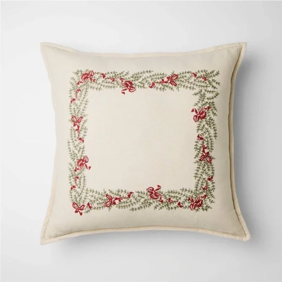 Natural Embroidered Green and Bows Pillow - 24 × 24