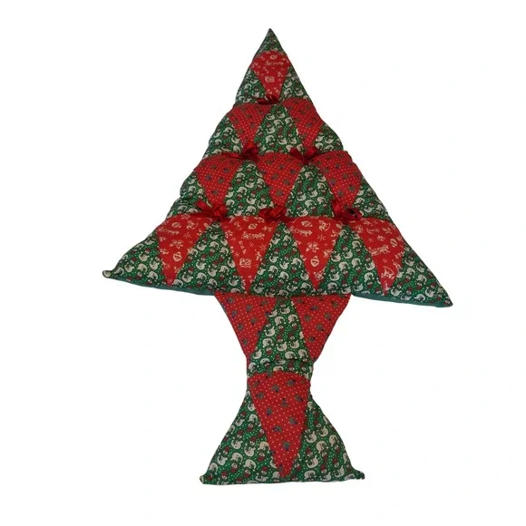 Handmade Quilted Christmas Tree Pillow Red Green Snowman Patchwork Wall Hanging‎
