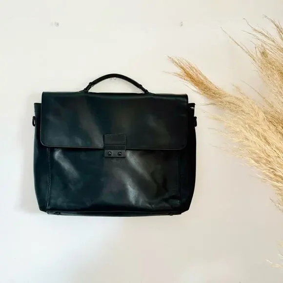 COLE HAAN Black Leather Warner Briefcase Travel Bag Zipper Pocket Laptop Case
